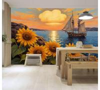XLMING Girasoles Veleros Atardecer Mar Costa Rocosa 3D Papel Pintado Tapiz Textura de Seda Oficina Comedor Sofá Dormitorio Sala Estar TV Fondo Pantalla-300cm×210cm