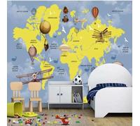 XLMING Globo Aerostático Avión Mundo Mapa Pájaros Volando 3D Papel Pintado Lujo Casa Sala Decoración Estar Comedor Sofá Dormitorio TV Fondo de Pared-250cm×170cm