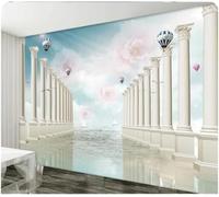 XLMING Globo Aerostático Pájaros Rosa Flores Columnas Papel Pintado 3D Seda De Lujo Pared Estudio Comedor Sofa Dormitorio Madera Salon Tv Decorativo-300cm×210cm