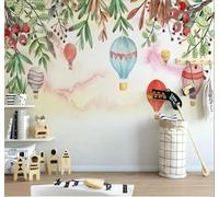 XLMING Globo Aerostático Pintado A Mano Con Acuarela Ramas Y Hojas 3D Papel Pintado Pared Premium Textura Seda Estudio Comedor Vinilos Dormitorio Sofás TV Cocina-250cm×170cm