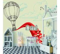 XLMING Globo Aerostático Pintado A Mano Nubes Rojo Corazones Arte 3D Papel Pintado Lujo Casa Sala Decoración Estar Comedor Sofá Dormitorio TV Fondo de Pared-150cm×105cm