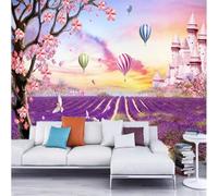 XLMING Globo Aerostático Vintage Morado Mar De Flores Castillo Pájaros 3D Papel Pintado Pared Premium Textura Seda Estudio Comedor Vinilos Dormitorio Sofás TV Cocina-150cm×105cm