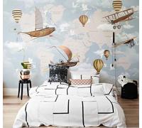 XLMING Gran Mapa Del Mundo Avión Globo Aerostático Dibujos Animados 3D Papel Pintado Tapiz Textura de Seda Oficina Comedor Sofá Dormitorio Sala Estar TV Fondo Pantalla-350cm×256cm