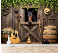 XLMING Granero Rural Caballo Guitarra Fardo De Paja Hojas Verdes 3D Papel Pintado Tapiz Textura de Seda Oficina Comedor Sofá Dormitorio Sala Estar TV Fondo Pantalla-150cm×105cm