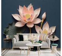 XLMING Hermosa Flor De Loto Rosa Hojas Verdes Fondo Azul Oscuro 3D Papel Pintado Pared Premium Textura Seda Estudio Comedor Vinilos Dormitorio Sofás TV Cocina-200cm×140cm