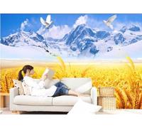 XLMING Hermosas Montañas Nevadas Campos De Trigo De Oro Las Aves Papel Pintado 3D Seda De Lujo Pared Estudio Comedor Sofa Dormitorio Madera Salon Tv Decorativo-400cm×280cm