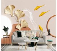 XLMING Hojas De Ginkgo Doradas Carpas Koi Abstracto Geométrico Motivos Ondulados 3D Papel Pintado Tapiz Textura de Seda Oficina Comedor Sofá Dormitorio Sala Estar TV Fondo Pantalla-400cm×280cm