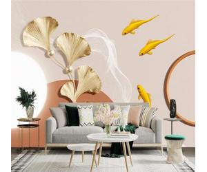XLMING Hojas De Ginkgo Doradas Carpas Koi Abstracto Geométrico Motivos Ondulados 3D Papel Pintado Tapiz Textura de Seda Oficina Comedor Sofá Dormitorio Sala Estar TV Fondo Pantalla-250cm×170cm