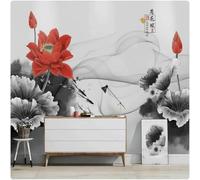 XLMING Hojas De Loto Pintadas A Mano Con Tinta China Loto Rojo 3D Papel Pintado Lujo Casa Sala Decoración Estar Comedor Sofá Dormitorio TV Fondo de Pared-350cm×256cm