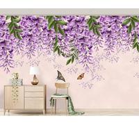 XLMING Hojas Verdes Tridimensionales Flores Moradas Mariposas 3D Papel Pintado Seda Texturizada Primera Calidad Sala De Estar Sofá Dormitorio Comedor Hogar Pared-400cm×280cm