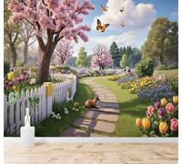 XLMING Jardín Primaveral Sendero Cerezos En Flor Tulipanes Mariposas 3D Papel Pintado Tapiz Textura de Seda Oficina Comedor Sofá Dormitorio Sala Estar TV Fondo Pantalla-350cm×256cm