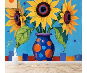 XLMING Jarrón Azul Girasoles Amarillos Abstracto Colorido Geométrico 3D Papel Pintado Tapiz Textura de Seda Oficina Comedor Sofá Dormitorio Sala Estar TV Fondo Pantalla-300cm×210cm