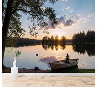 XLMING Lago Tranquilo Barcos Bosque Puesta De Sol Reflejos 3D Papel Pintado Tapiz Textura de Seda Oficina Comedor Sofá Dormitorio Sala Estar TV Fondo Pantalla-150cm×105cm