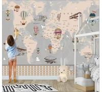 XLMING Mapa Del Mundo Retro De Dibujos Animados Globo Aerostático Avión 3D Papel Pintado Pared Premium Textura Seda Estudio Comedor Vinilos Dormitorio Sofás TV Cocina-300cm×210cm