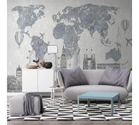 XLMING Mapa Del Mundo Vintage Arquitectura Globo Aerostático 3D Papel Pintado Lujo Casa Sala Decoración Estar Comedor Sofá Dormitorio TV Fondo de Pared-250cm×170cm