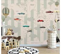 XLMING Mapa Del Mundo Vintage De Dibujos Animados Coche Globo Aerostático 3D Papel Pintado Pared Premium Textura Seda Estudio Comedor Vinilos Dormitorio Sofás TV Cocina-200cm×140cm