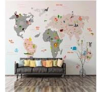 XLMING Mapa Mundial De Animales Dibujados A Mano En Estilo Caricaturesco 3D Papel Pintado Pared Premium Textura Seda Estudio Comedor Vinilos Dormitorio Sofás TV Cocina-400cm×280cm