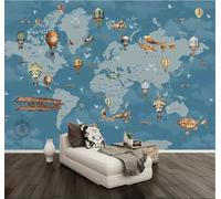 XLMING Mapa Mundial En Tridimensional De Dibujos Animados Globo Aerostático Avión 3D Papel Pintado Pared Premium Textura Seda Estudio Comedor Vinilos Dormitorio Sofás TV Cocina-430cm×300cm