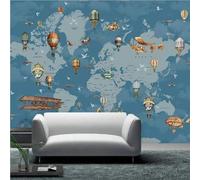 XLMING Mapa Mundial Retro Azul De Dibujos Animados Globo Aerostático Avión 3D Papel Pintado Tapiz Textura de Seda Oficina Comedor Sofá Dormitorio Sala Estar TV Fondo Pantalla-300cm×210cm