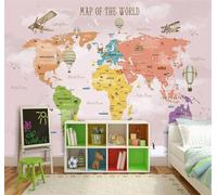 XLMING Mapa Mundial Rosa De Dibujos Animados Con Globo Aerostático Y Avión 3D Papel Pintado Pared Premium Textura Seda Estudio Comedor Vinilos Dormitorio Sofás TV Cocina-150cm×105cm