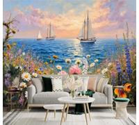 XLMING Mar Azul Velero Flores Silvestres Atardecer Cielo 3D Papel Pintado Tapiz Textura de Seda Oficina Comedor Sofá Dormitorio Sala Estar TV Fondo Pantalla-430cm×300cm