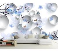 XLMING Mariposa Floral Azul De Ensueño Redonda 3D Papel Pintado Pared Premium Textura Seda Estudio Comedor Vinilos Dormitorio Sofás TV Cocina-200cm×140cm