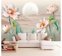 XLMING Minimalismo Belleza Loto Pájaros Luna 3D Papel Pintado Lujo Casa Sala Decoración Estar Comedor Sofá Dormitorio TV Fondo de Pared-300cm×210cm