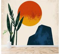 XLMING Minimalismo Sol Montañas Hojas Verdes Arte Natural 3D Papel Pintado Pared Premium Textura Seda Estudio Comedor Vinilos Dormitorio Sofás TV Cocina-300cm×210cm