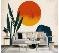 XLMING Minimalismo Sol Montañas Hojas Verdes Arte Natural 3D Papel Pintado Tapiz Textura de Seda Oficina Comedor Sofá Dormitorio Sala Estar TV Fondo Pantalla-430cm×300cm