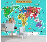 XLMING Minimalista Dibujado A Mano Dibujos Animados Animales Mapa Del Mundo Papel Pintado 3D Seda De Lujo Pared Estudio Comedor Sofa Dormitorio Madera Salon Tv Decorativo-430cm×300cm