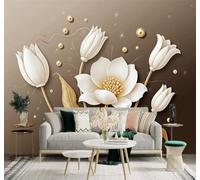 XLMING Minimalista Elegante Loto Blanco Hojas Doradas Arte 3D Papel Pintado Tapiz Textura de Seda Oficina Comedor Sofá Dormitorio Sala Estar TV Fondo Pantalla-250cm×170cm