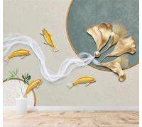 XLMING Minimalista Pez Dorado Agua Que Fluye Hojas De Ginkgo Arte 3D Papel Pintado Pared Premium Textura Seda Estudio Comedor Vinilos Dormitorio Sofás TV Cocina-400cm×280cm