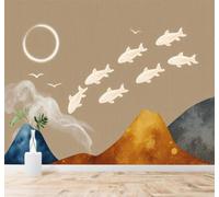 XLMING Minimalista Pez Pequeño Montañas Luna Nubes Arte 3D Papel Pintado Tapiz Textura de Seda Oficina Comedor Sofá Dormitorio Sala Estar TV Fondo Pantalla-250cm×170cm