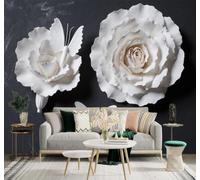 XLMING Minimalista Tridimensional Flores Blancas Mariposas Arte 3D Papel Pintado Tapiz Textura de Seda Oficina Comedor Sofá Dormitorio Sala Estar TV Fondo Pantalla-350cm×256cm