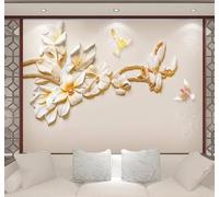 XLMING Minimalista Yeso Relieve Flores Pájaros Papel Pintado 3D Seda De Lujo Pared Estudio Comedor Sofa Dormitorio Madera Salon Tv Decorativo-400cm×280cm