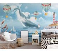 XLMING Océano Azul Ballena Globo Aerostático Faro 3D Papel Pintado Tapiz Textura de Seda Oficina Comedor Sofá Dormitorio Sala Estar TV Fondo Pantalla-400cm×280cm