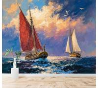 XLMING Olas Velero Navegando Amanecer Cielo Gaviotas 3D Papel Pintado Pared Premium Textura Seda Estudio Comedor Vinilos Dormitorio Sofás TV Cocina-250cm×170cm