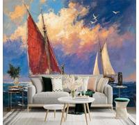 XLMING Olas Velero Navegando Amanecer Cielo Gaviotas 3D Papel Pintado Tapiz Textura de Seda Oficina Comedor Sofá Dormitorio Sala Estar TV Fondo Pantalla-300cm×210cm