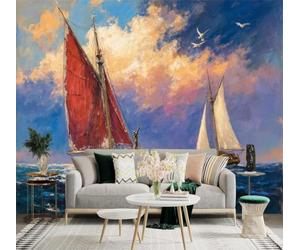 XLMING Olas Velero Navegando Amanecer Cielo Gaviotas 3D Papel Pintado Tapiz Textura de Seda Oficina Comedor Sofá Dormitorio Sala Estar TV Fondo Pantalla-200cm×140cm