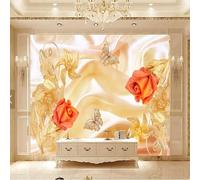 XLMING Oro Botánico Rosa Rosa Mariposa 3D Papel Pintado Tapiz Textura de Seda Oficina Comedor Sofá Dormitorio Sala Estar TV Fondo Pantalla-400cm×280cm