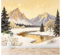 XLMING Paisaje De Montaña En Invierno Río Nevado Pinos Atardecer Dorado Cielo 3D Papel Pintado Tapiz Textura de Seda Oficina Comedor Sofá Dormitorio Sala Estar TV Fondo Pantalla-150cm×105cm