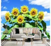 XLMING Papel Pintado 3D Cielo Azul Nubes Girasoles Frescura Hojas Verdes | Cuadros Decorativos de Seda Alta Gama Ideales Para Todas las Paredes del Comedor Salón la Sala Estar y Dormitorio-300cm×210cm