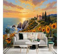 XLMING Papel Pintado 3D Puesta De Sol Mar Costa Girasoles Casas | Cuadros Decorativos de Seda Alta Gama Ideales Para Todas las Paredes del Comedor Salón la Sala Estar y Dormitorio-430cm×300cm