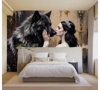 XLMING Papel Pintado 3D Tridimensional Negro Animales Lobo Mujer Guapa | Cuadros Decorativos de Seda Alta Gama Ideales Para Todas las Paredes del Comedor Salón la Sala Estar y Dormitorio-400cm×280cm