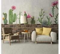 XLMING Pared De Ladrillo Retro Cactus Flores Rosas 3D Papel Pintado Lujo Casa Sala Decoración Estar Comedor Sofá Dormitorio TV Fondo de Pared-300cm×210cm