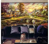 XLMING Pintura A Mano Bello Casita Paisaje Nocturno Arte 3D Papel Pintado Lujo Casa Sala Decoración Estar Comedor Sofá Dormitorio TV Fondo de Pared-200cm×140cm
