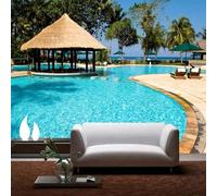 XLMING Piscina Ocio Vacaciones Árboles De Playa Gazebo 3D Papel Pintado Tapiz Textura de Seda Oficina Comedor Sofá Dormitorio Sala Estar TV Fondo Pantalla-250cm×170cm