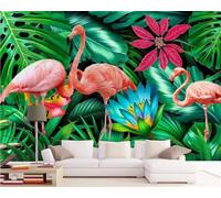 XLMING Plantas Hojas Verdes Flores Animales Flamingo Papel Pintado 3D Seda De Lujo Pared Estudio Comedor Sofa Dormitorio Madera Salon Tv Decorativo-300cm×210cm