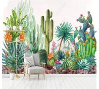 XLMING Plantas Verdes Cactus Y Flores Dibujados A Mano 3D Papel Pintado Lujo Casa Sala Decoración Estar Comedor Sofá Dormitorio TV Fondo de Pared-430cm×300cm
