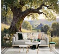 XLMING Pradera Árbol Grande Flores Silvestres Colina Vista De Un Castillo En La Lejanía 3D Papel Pintado Tapiz Textura de Seda Oficina Comedor Sofá Dormitorio Sala Estar TV Fondo Pantalla-300cm×210cm
